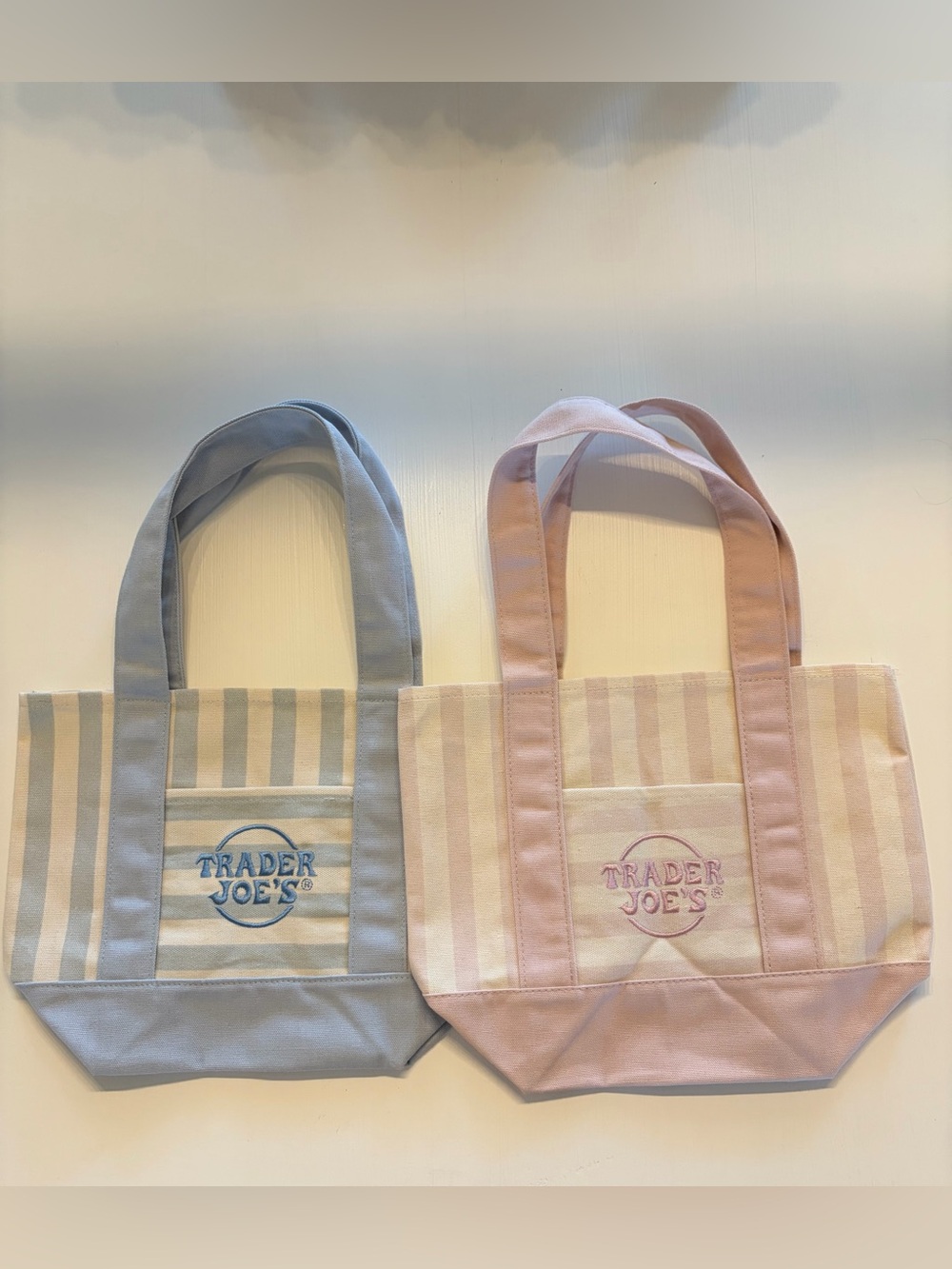 Trader Joe’s Mini Striped Canvas Tote Bags Pink Blue Set of 2 NWOT